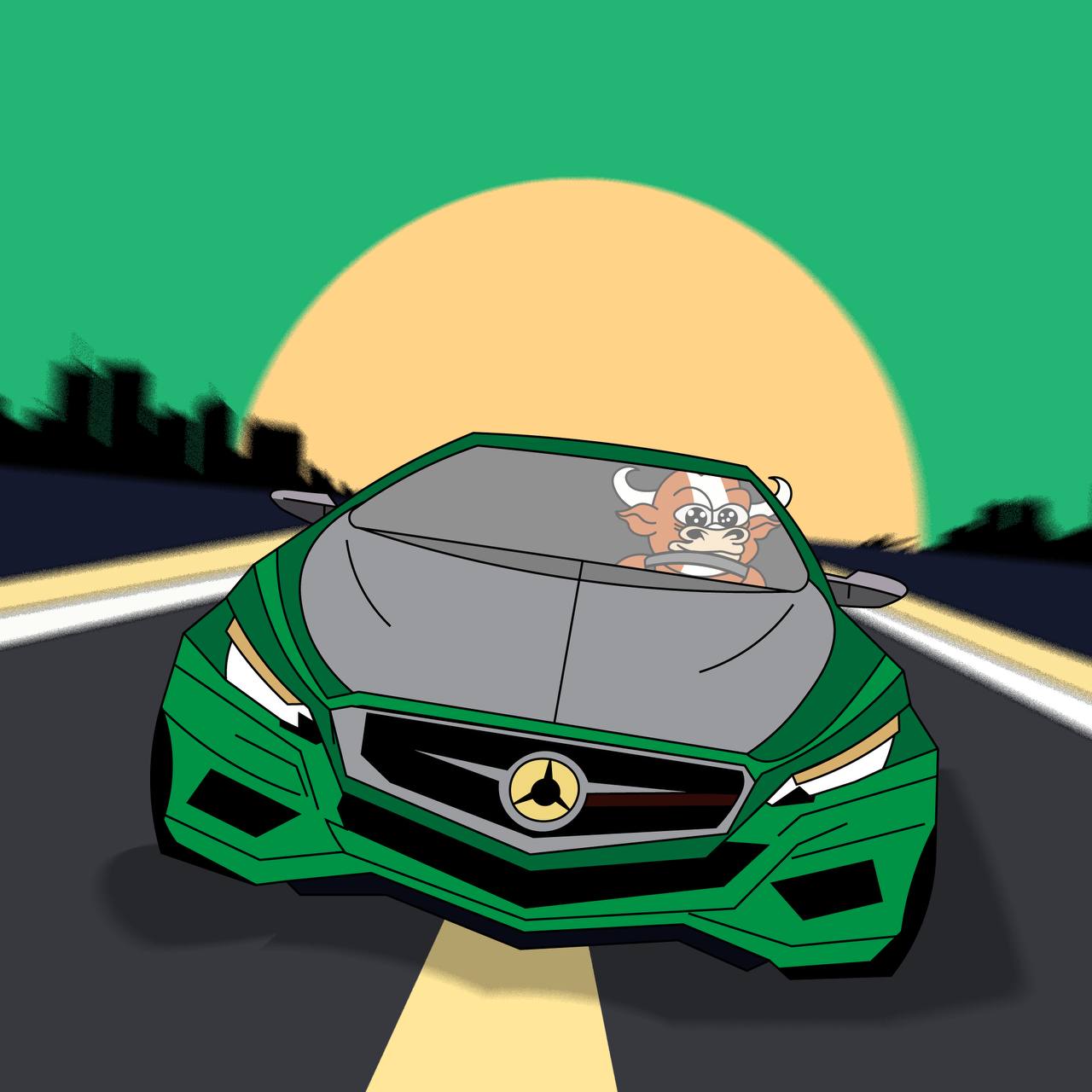 MUMU driving a green sports car at sunset