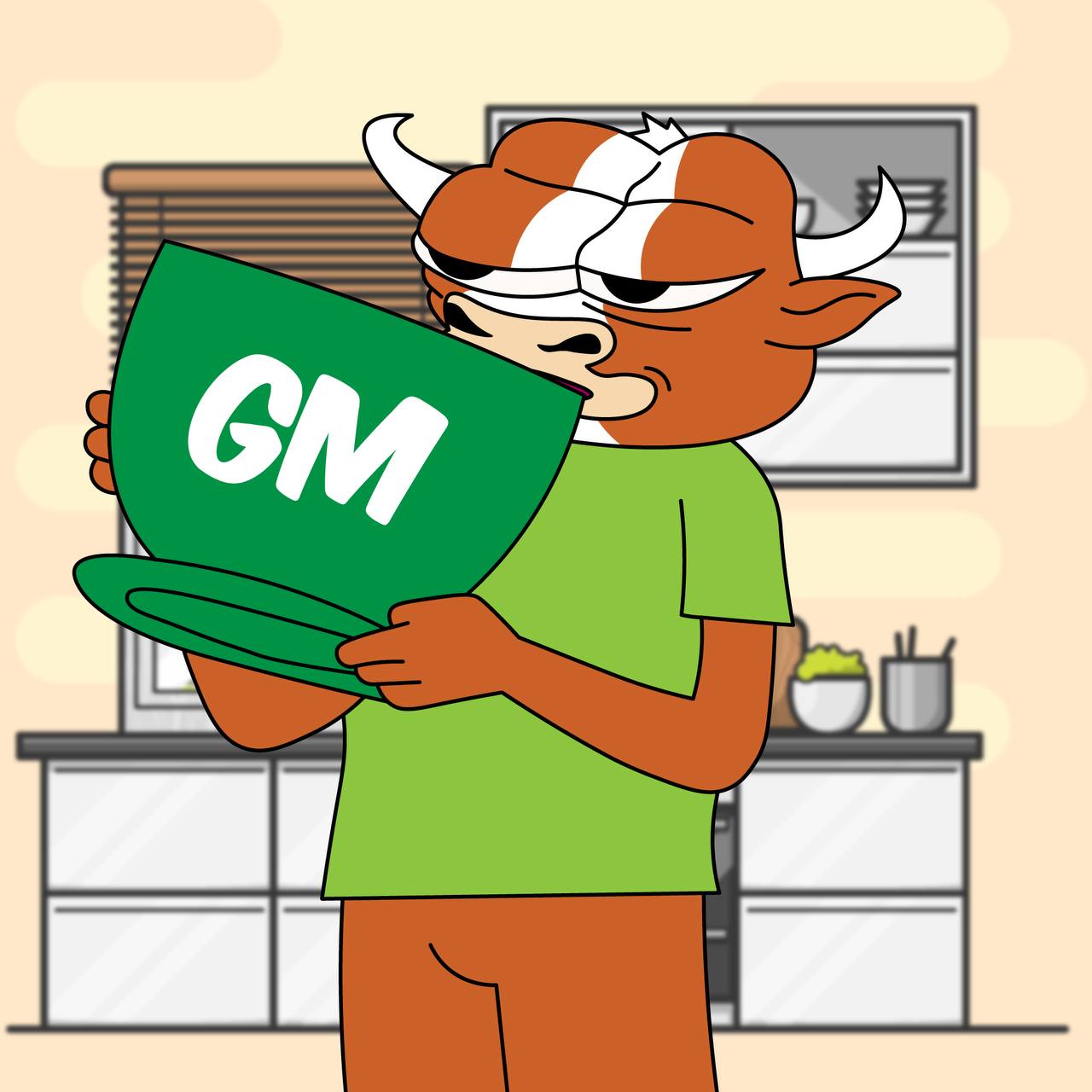 MUMU holding a giant GM sign in his kitchen
