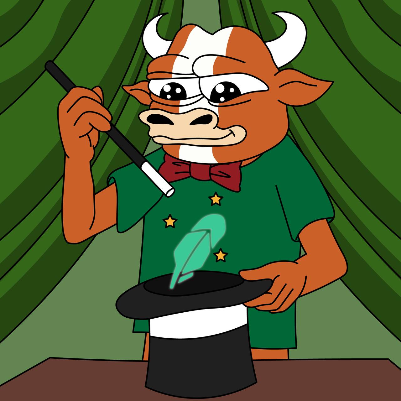 MUMU the bull, mid-trick, pulling a green candle out of his hat