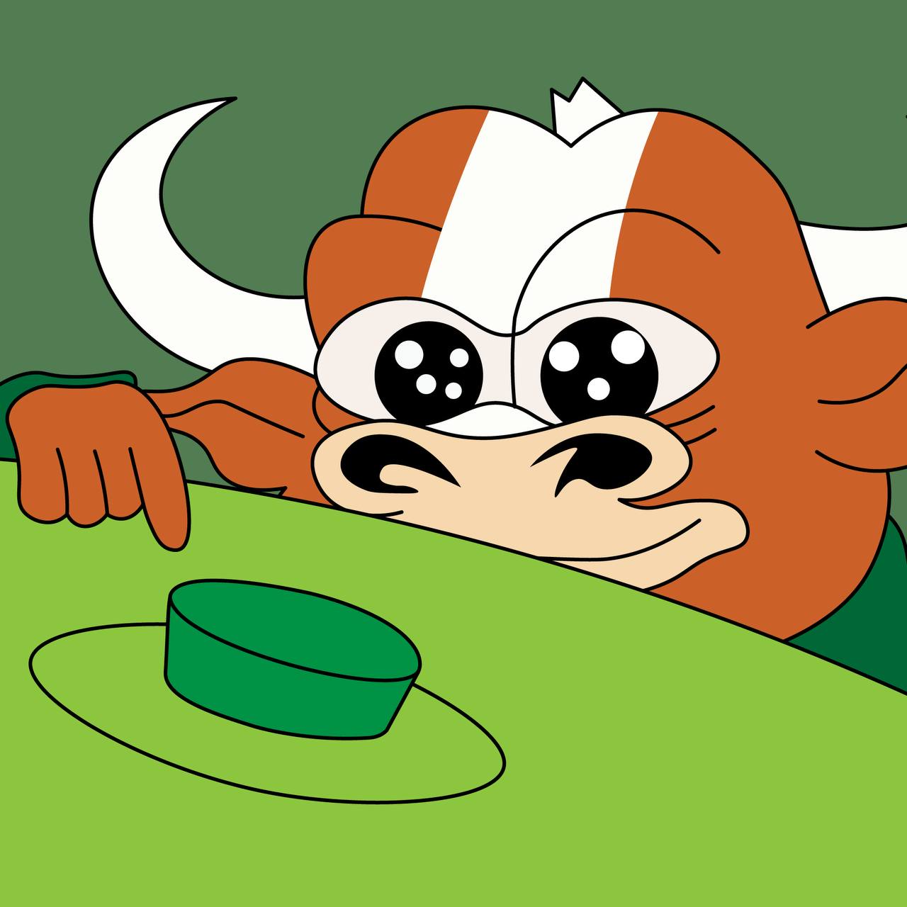 MUMU peeking over a hill at a tiny green hat