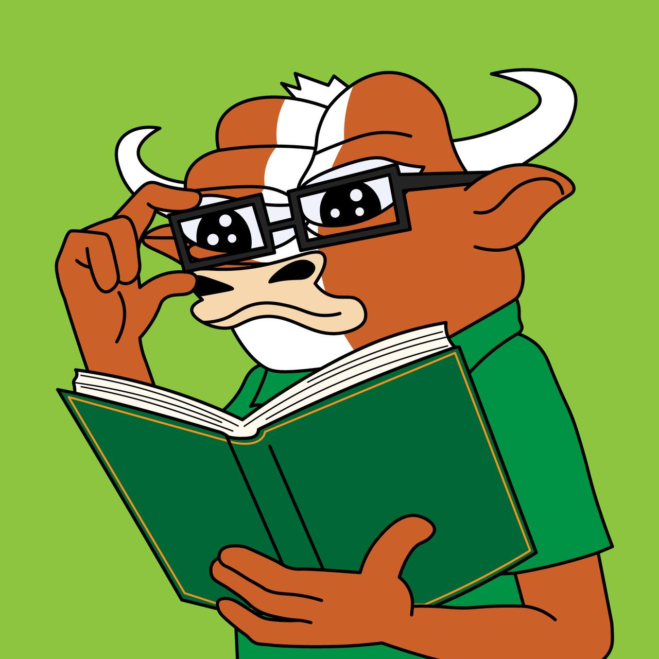 MUMU reading a thick green book with glasses on