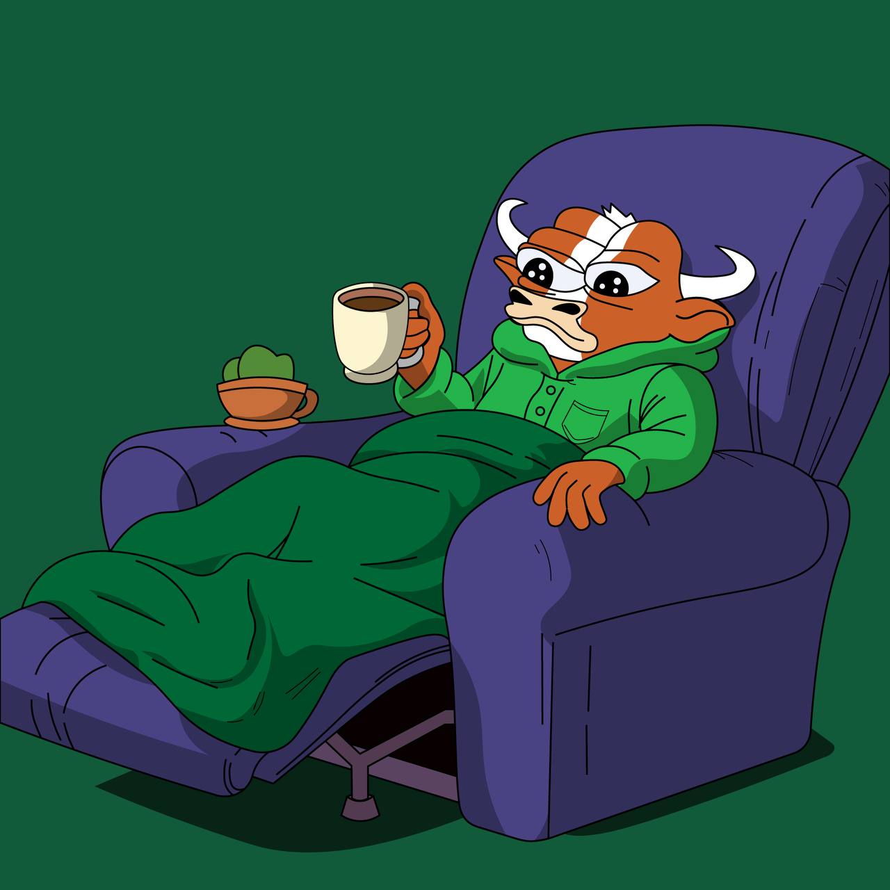 MUMU relaxing in a recliner with coffee, wrapped in a green blanket