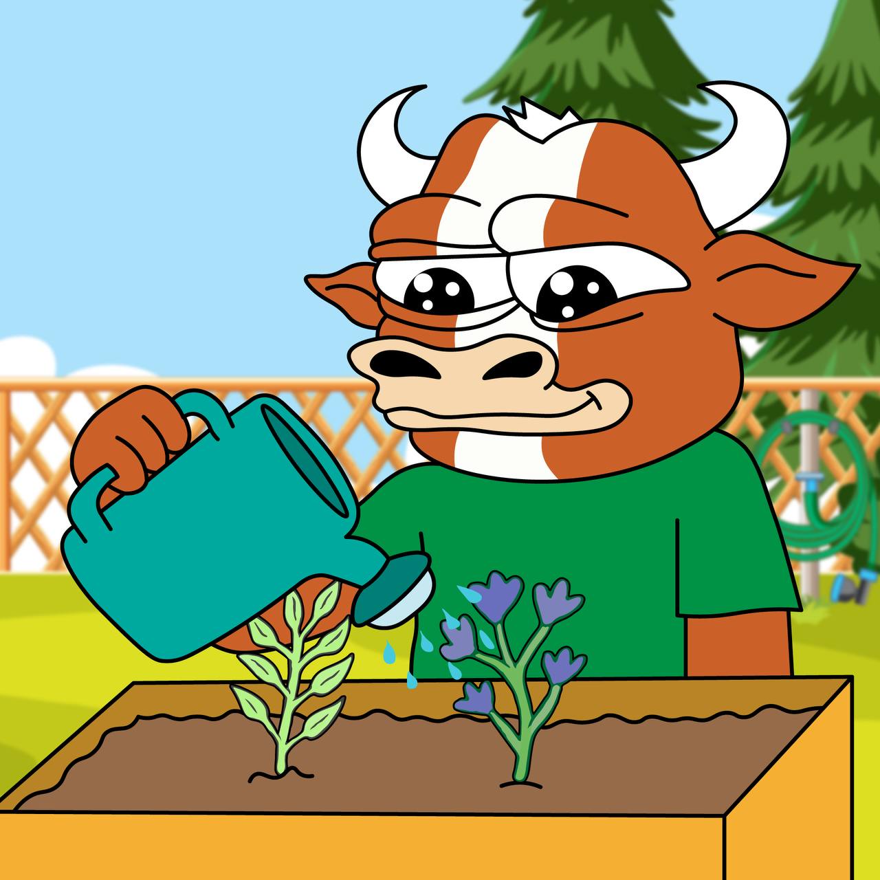 MUMU watering tiny plants in a garden bed